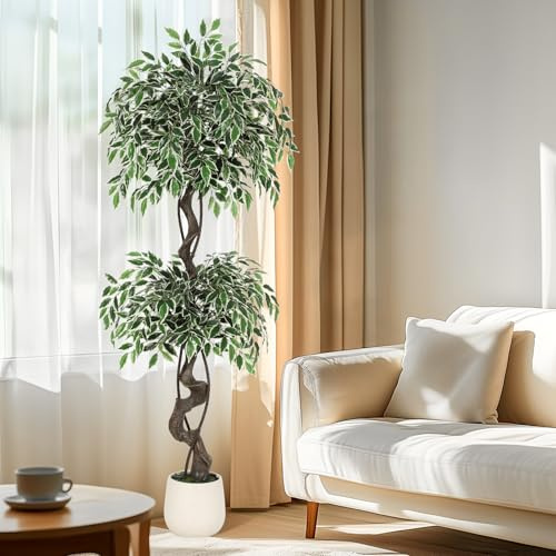 Litake Kunstpflanzen Künstlicher Ficus Baum 150 cm Große Grüne Birkenfeige im Weiß Topf Große Pflanzen im Topf für Indoor Haus Büro Garten Moderne Dekoration Housewarming Geschenk