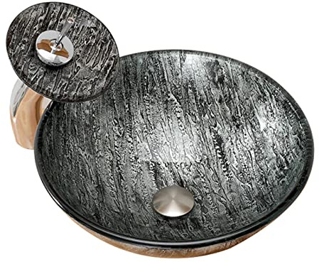 XDAWQP Lavabo de baño, Lavabo artístico, Lavabo Redondo de Vidrio Templado, Lavabo de encimera con Grifo Mezclador en Cascada y desagüe emergente.