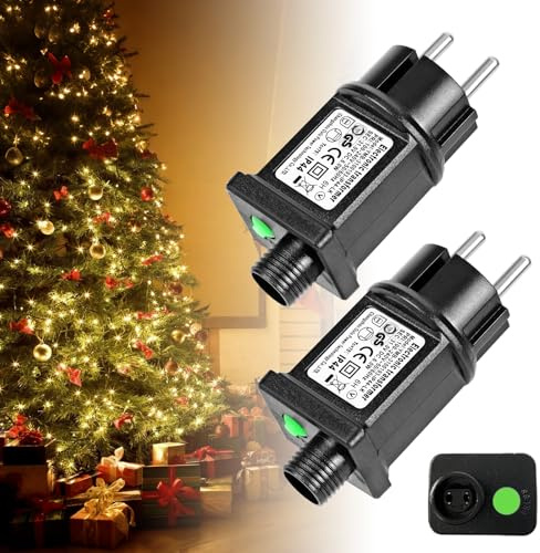 Enchufe para Luces de Navidad 31V 6W Adaptador,8 Modos Transformador Luces Adaptador con Temporizador,Memoria,IP44 Impermeable para Luces LED Navidad,Guirnalda Exterior,Cascada y Cortina (2 Pieza)