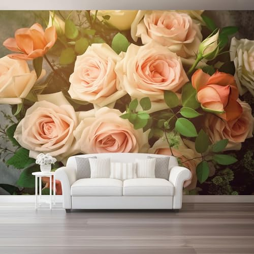 Vintage Botanik Bunt Blumen Fototapete Grüne Blätter 400 x 280 cm, Wandbild Fototapete für Wohnzimmer Schlafzimmer Wandtapete Vlies Tapete UV-Beständig Montagefertig