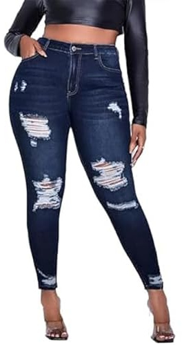 Vaimti Jeans in denim strappato invecchiato da donna taglie forti, vestibilità skinny a vita alta, Blu, 4XL Plus