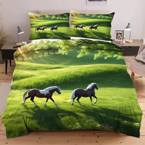 Fotmung Housse de Couette 240x260 cm Animal Cheval, Ensemble de Linge de Lit 3 Pièces, Résistant à l'usure et avec Sangles aux 4 Coins pour Fixer la Couette, Évite Le Glissement W130