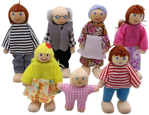 Sjfbebsy Casa delle Bambole Famiglia 7 Pezzi/Set Casa delle Bambole in Legno con Persone con Giunti Mobili, Figure Interattive della Famiglia della Genitore-Figlio per Finta di Giocare a