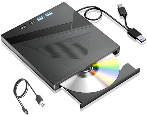 TUdcgjSXF 7-in-1 External CD/DVD Drive USB 3.0 Type-C DVD Player Portable Disk & Play, High-Speed Data Transfer for Laptop PC
