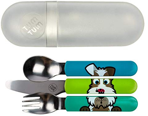 TUM TUM Posate Bambini con Porta Posate, Set Posate da Viaggio Bambini, Senza BPA - Scruff the Dog