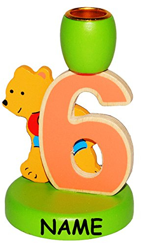 alles-meine.de GmbH Kerzenhalter - 6. Geburtstag - Teddy - incl. Name - aus Holz - Zahl 6 - für Kerzen - Kinder bunt - Kerzenständer zum Aufstellen - Geburtstagszahl - Geburt..