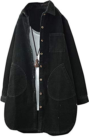 FTCayanz Damen Cord Jacke Übergangsjacke Herbst Button-Down Shirts Lang Mantel Outwear Schwarz L