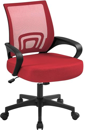 Yaheetech Bürostuhl Ergonomisch, Schreibtischstuhl mit Netzbespannung und Armlehnen, Drehstuhl aus Mesh, Chefsessel Wippfunktion, Höhenverstellbar Rückenschonend bis 136kg Belastbar, Rot