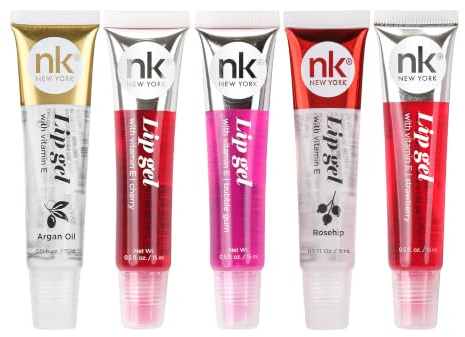 Nicka K New York 5 PACK NK Lip Gel with Vitamin E Bubble Gum, Argan, Strawberry, Cherry and Rosehip Lip Gloss