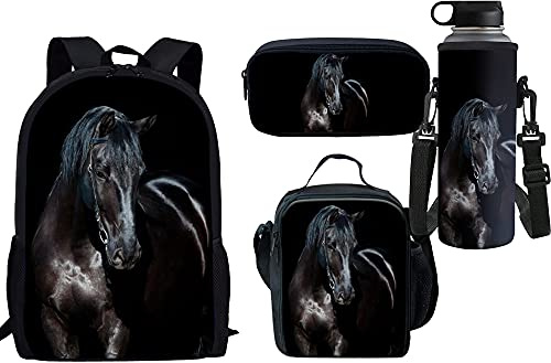 Belidome Set di zaino scolastico per matite, borsa per il pranzo, portabottiglie per bambini e ragazzi, confezione da 4, Cavallo Nero, Taglia unica