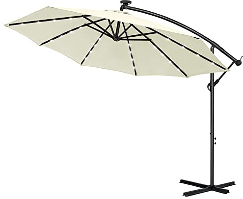 UISEBRT Sombrilla Jardin de Aluminio con Manivela Sombrilla Parasol protección UV 40+, Excéntrico Cantilever para Balcón, Jardín, Terraza (LED Solar 300 cm, Beige)