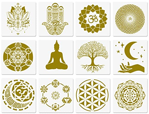 CODOHI Heilige Geometrie-Schablonen, 12 Stück, Yoga-Schablonen, Om, heiliger Lotus, Chakra, die Blume des Lebens, Mandala, Hamsa-Hand, Sonne, Mond, spirituelle Symbole, Meditationsschablonen zum Malen