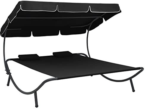 Makastle 2-Personen Gartenliege mit Sonnendach und Kissen, Sonnenliege aus Stahl und Stoff, Gartenliegestuhl Gartenstuhl Relaxliege für Garten und Terasse, 200 x 173 x 135 cm Schwarz