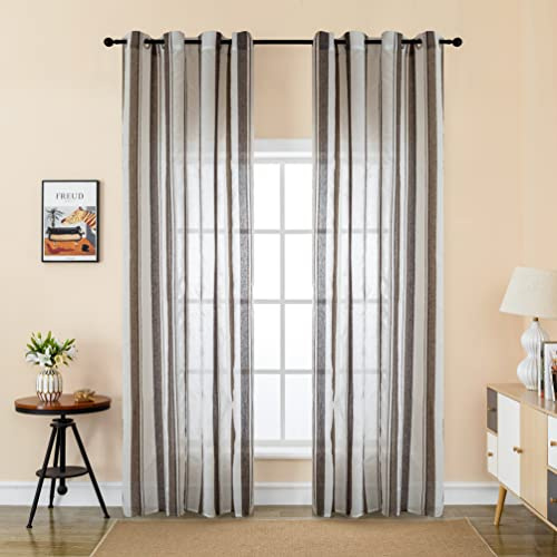 GIRASOLE HOME® Paire de rideaux filtrants semi-transparents effet lin rideau à rayures verticales pour intérieur avec œillets 2 panneaux 140 x 275 cm (marron + marron)