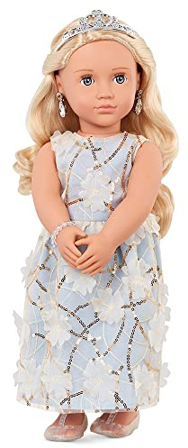 Our Generation Ellory, 46-cm-Puppe mit geblümtem Kleid und Schmuck | Ellory ist eine 46-cm-Puppe mit blauen Schlafaugen, langem blondem Haar, gepiercten Ohren und Schmuckzubehör, 3+ Jahre