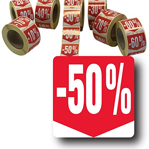 Affichesstore 30287 – Rollo de 500 etiquetas autoadhesivas – 50% – Tamaño cuadrado 35 x 35 mm – Brillante – Adhesivos – Porcentaje de descuento