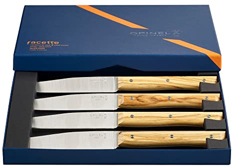 Opinel - Låda med 4 fasetterade bordsknivar i ask, helt i rostfritt stål, slätt blad i rostfritt stål, askträhandtag - livstidsgaranti - fransk tillverkning