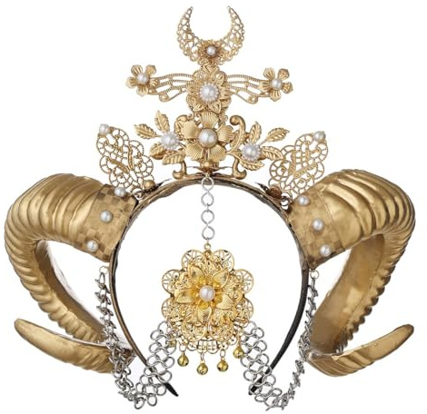 COSDREAMER Haarband für Damen, goldfarben, Blume, Schafhorn, Gothic, Kopfbedeckung, Kostüm, Steampunk, Cosplay (Gold)