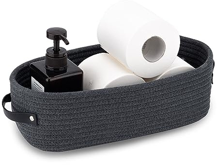 Oradrem Cotton Rope Toilet Paper Holder Basket with Handle, Home Decor Organizing Small Baskets, Nursery Basket 13x5.9x4 Dark Gray