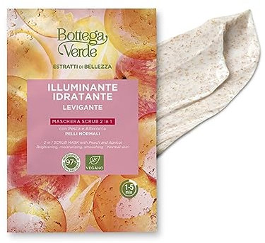 Bottega Verde - Estratti di bellezza, Maschera Scrub Monodose Viso Monodose 2 in 1, 8 ml, con Pesca e Albicocca, Illuminante, Idratante, Levigante, per Pelli Normali
