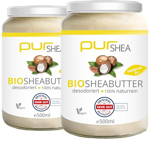 purSHEA-Bio Sheabutter (2x500ml) GLAS - desodoriert - Naturbelassen Ohne Zusätze Vegan Parfümfrei- 100% Reine Bio-Sheabutter Plastikfrei im Glas - Premium Qualität (A+) (desodoriert)