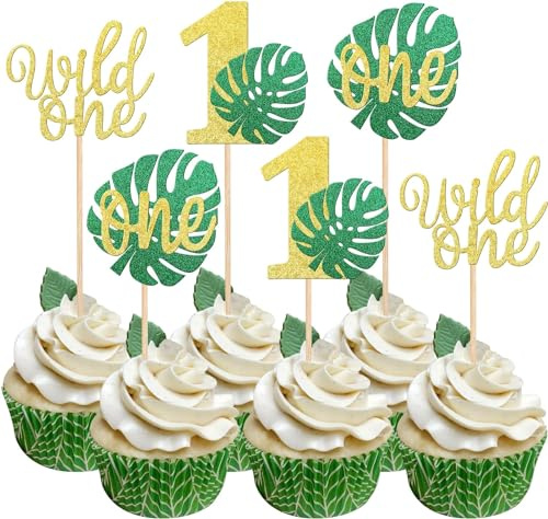 Confetti! 24 PCS Monstera Leaf One Cupcake Toppers Glitter Wild One Cupcake Picks Palm Leaves 1st Birthday Cake Decorations for Jungle Safari Theme Baby Shower Kids First Birthday Party Supplies