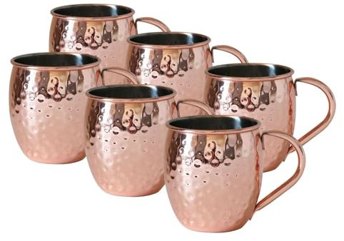 BURI Moscow Mule Becher 6er Set 500ml 13x9x10cm Kupferbecher Edelstahlbecher Tasse Tassen Set 6x Cocktail Zubehör Trinkbecher für Cocktails Party Metall Hammerschlag-Optik 500 ml 0,5l Kupfer Edelstahl