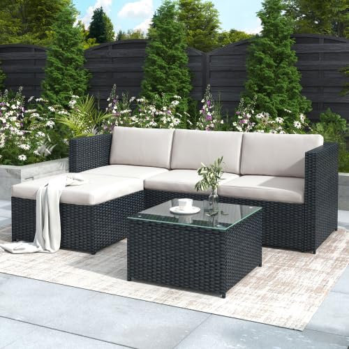 Kayan Polyrattan Lounge-Sofagarnitur, Lounge-Gartenmöbel, Ecksofa, Couchgarnitur mit Sitz- und Rückenkissen, Lounge-Tisch mit Glasplatte (Schwarz)