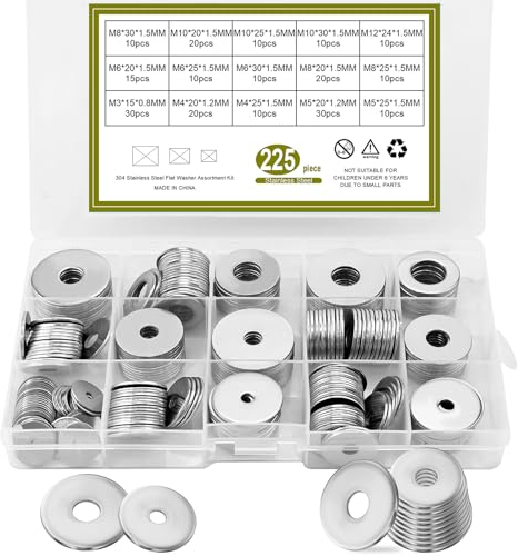225 Stück Flach Unterlegscheiben Beilagscheiben,304 Edelstahl Flach, Sicherungsscheiben Sortiment Kit, Metall Scheiben Muttern, 15 Größen M3/M4/M5/M6/M8/M10/M12/Metallscheiben Muttern Scheibe(Silber)
