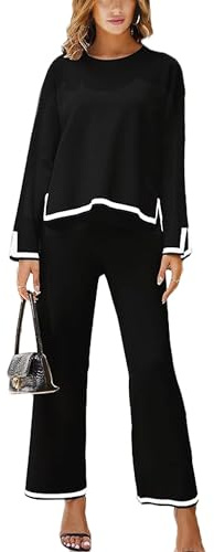 Woolicity Two-Piece Women's Leisure Suit Langarm Strickpullover Ribbed Knitted Jumper with Lange Hose mit Weites Bein Elastische Taille Lounge Set Freizeit Outfit
