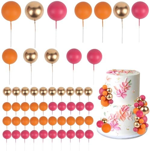 CORNER LACE 52 Pcs Ball Cake Decorations - Pink Gold Orange Ball Dessert Picks Cake Cupcake Toppers, Birthday Party Baby Shower Gender Reveal Cake Supplies