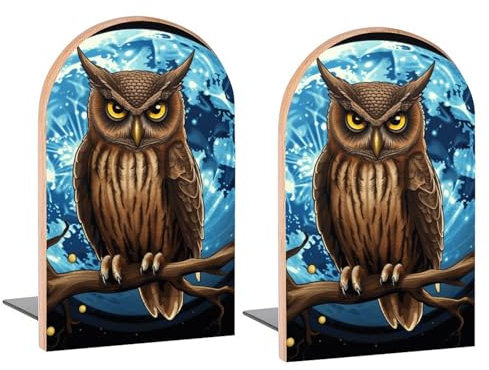 Buchstützen aus Holz, Motiv: Eule, Mond, dekorative Buchstützen für Regale, Schreibtisch, Heimbüro, Buchstopper für Zeitschriften, Bücher, DVDs, 2 Stück