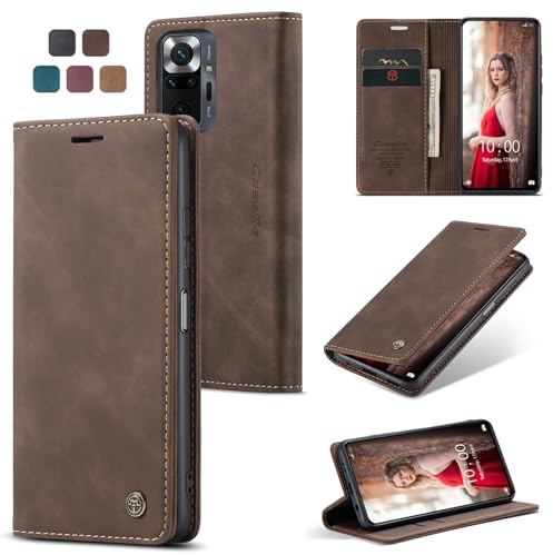 owlhold Handyhülle für Xiaomi Redmi Note 10 Pro/10 Pro MAX Hülle, Premium Lederhülle Weiches Vintage-Nubukleder Faltbare Ständer Klapphülle Schutzhülle für Redmi Note 10 Pro/10 Pro MAX -Kaffee