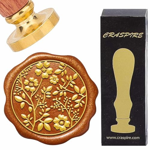 CRASPIRE Blomma tätning vax stämpel växt gren löv vax stämpel 30 mm vintage avtagbar mässing stämpel huvud med retro rosenträhandtag för bröllopsinbjudningar Thanksgiving presentförpackning