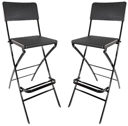 Lemodo Barhocker 2er Set, Rattan-Optik schwarz, Klappbarer Barstuhl mit Fußstütze, Küchenhocker bis 120 kg belastbar, Bar Hocker mit Lehne und Sitzfläche aus Kunststoff, Barstühle