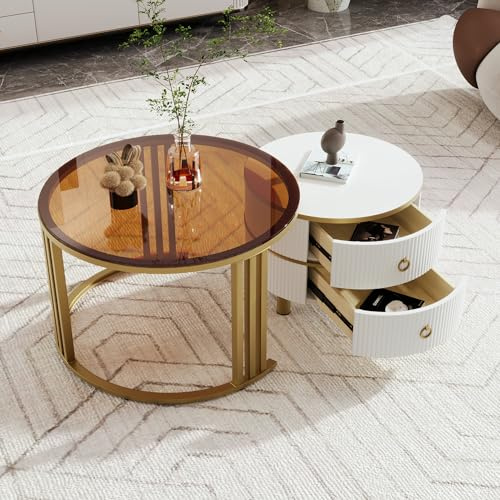 Merax Rund Couchtisch Set, Beistelltisch Satztisch 2er Modern Wohnzimmertisch mit Stauraum, Tischplatte aus braunem Hartglas/Metallgestell/2 Schubladen, für Wohnzimmer Büro(Weiß)