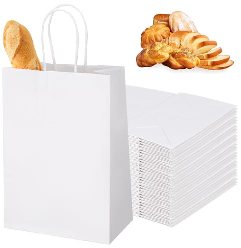 Vyuwast 30 Stück Papiertüten mit Henkel Klein, Weiß Papiertüten 15 x 8 x 21 cm, Butterbrottüten Brottüten Papier Kraftpapier Tüten Geschenktüten Klein für Geburtstag Hochzeit Party Weihnachten