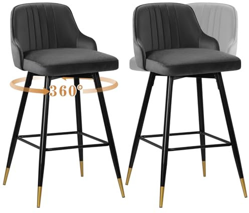 Bekrvio Samt Barhocker 2er Set, Drehbarer 360°Drehsessel, Höhen 65cm Gepolstert Barstuhl mit Lehne, Modernen Küchenhocker Modern für Küche, Tresen, Bar, Esszimmer