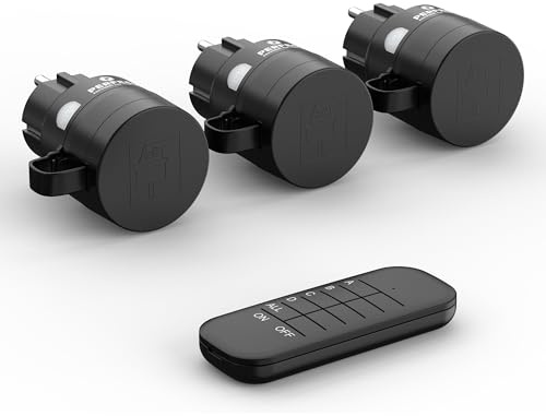 Perfect prises de courant radiocommandées avec télécommande extérieure, 3 prises de courant avec radiocommande, 2300 W, 230 V set d'extérieur, portée 30 m, IP44, économie d'énergie, noir