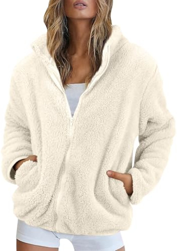 FUPODD Fleecejacke Damen Stehkragen Teddyjacke Reißverschluss Plüschjacke Frauen Freizeit Kuscheljacke Flauschig Jacke Winter Einfarbig Winterjacke Damen Warm Dicke Elegant Mantel Weich Bequem
