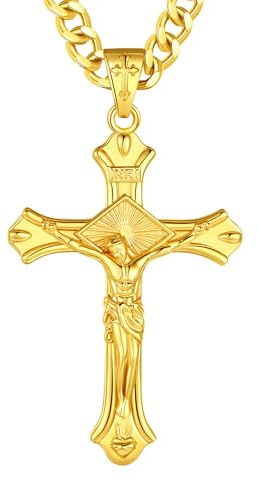 AEONSLOVE Collier Croix Chretienne Homme Femme Collier Crucifix Jesus Christ Argent 925 Pendentif Croix Homme Bijoux Religieux Catholique Cadeau Religieux Amulette Protection (or)