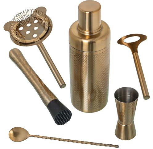 SET 6 UTENSILIOS COCKTAIL ACERO INOX. ORO MATE_COCTELERA 550ML,CUCHARA 28CM