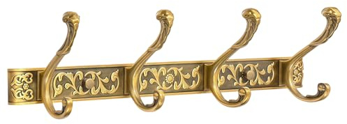 RIXIGOOD Vintage Coat Rack Wall Mount, Decorative Wall Coat Rack with 4 Hooks for Hanging Key Purse Hat Robe Towel Clothes Unique Hanger for Bathroom Shower Entryway Antique Brass 1 Pack