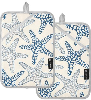 Set di 2 presine blu alla moda con stelle marine, presine da forno con tasche, resistenti al calore, presine per cucina