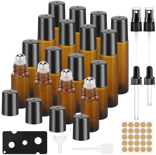 Lociban Roll on para Aceites Esenciales, 16 Pcs Botellas de Cristal Rellenable para Perfume 5ml/10ml con Bolas de Acero Inoxidable, Botella de Spray para Mezclas de Aromaterapia Masajes Viajar