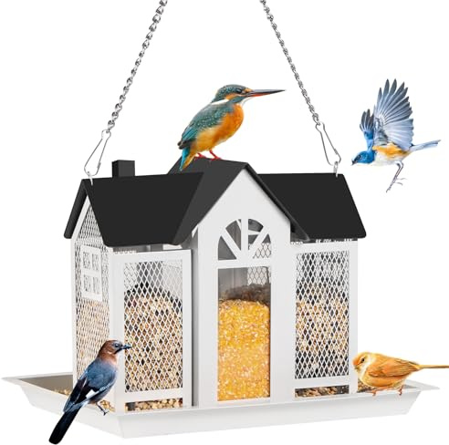 GOYOXOKY Aufhängen Vogelfutterstation, Metall Wildvogel-Futterspender, Große Kapazität Futterstelle, Vogelvilla für Garten Hängende Vogelhäuschen für Gärten, Terrassen, Decks und Rasenflächen, Weiß