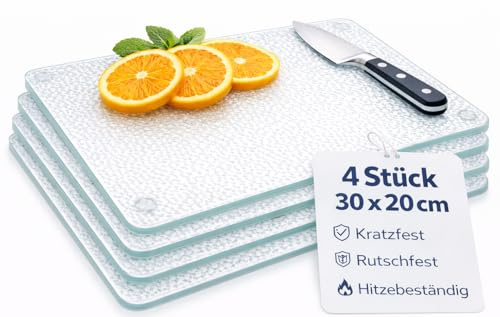 getgastro 4-er Set Schneidebrett Glas 30x20, rutschfest mit Füße, Glasschneidebrett ohne Mikroplastik, hygienisches Küchen-Brett, Kratzfeste & hitzebeständige Oberfläche