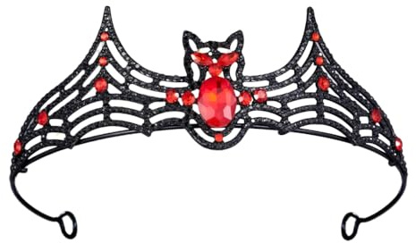 Halloween Tiara Bat Shape Crown Women Crystal Crown Gothic King Queen Tiara Vintage Black Rhinestone Tiara Headband Girl Princess Hair Accessories for Party Headpiece Halloween Costume (Red)