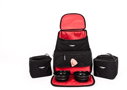 Pet Rebellion Pet Travel Bag Set | Waterproof, Wipeable Material with Adjustable Straps | Built-in Poo Bag Dispenser and Two Collapsible Silicone Bowls & Food Carriers | Practical Backpack | Black