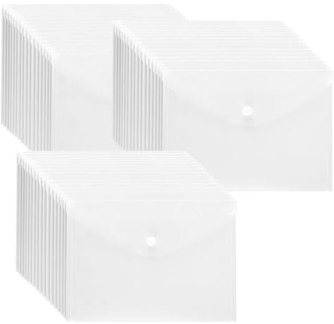 KEILEOHO 60 Stück Dokumententasche A5 Transparent, Kunststoff Transparente Dokumentenmappe mit Druckknopf für Dokumente Organisieren, 240 x 170 x 1,6 mm